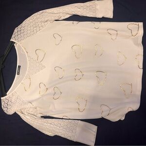 White Lace Sleeve Top with Gold Heart Accents